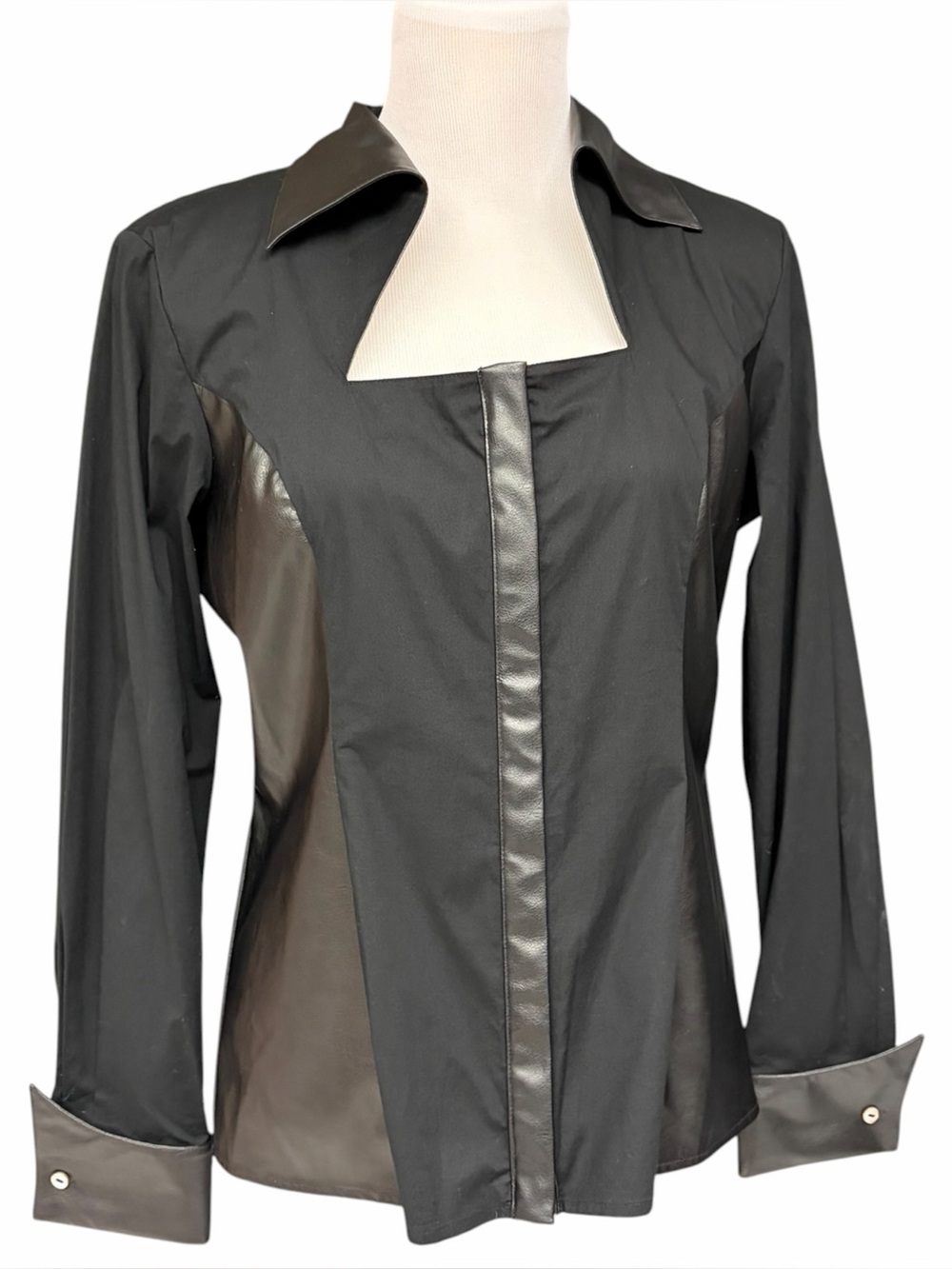 Ravel Y2K Goth Black Corset Blouse Faux Leather Trim Size Large